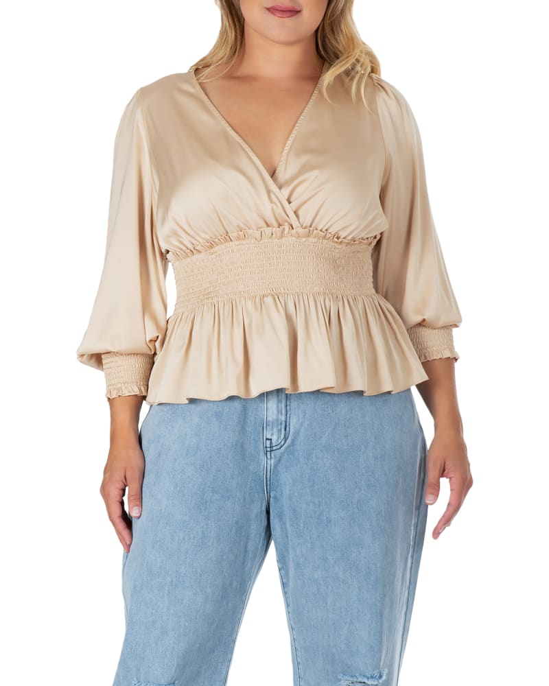 Front of a model wearing a size L Women's Satin V-Neck Long Sleeves Blouse in CHAMPAGNE by Standards & Practices. | dia_product_style_image_id:238244